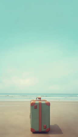 Vintage suitcase on the beach with copy space. Travel concept.Ai generatedの素材