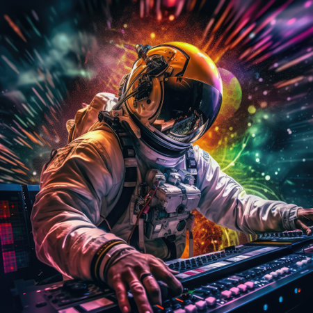 Astronaut in space suit playing on mixing console. Sci-fi concept. Ai generatedの素材