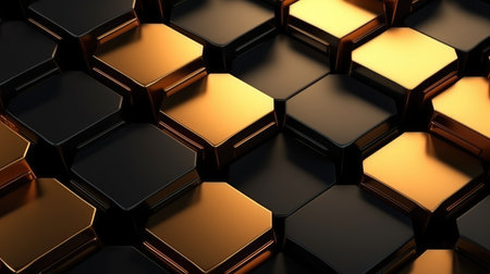 3d rendering of abstract metallic background with black and golden hexagons. Ai Generatedの素材
