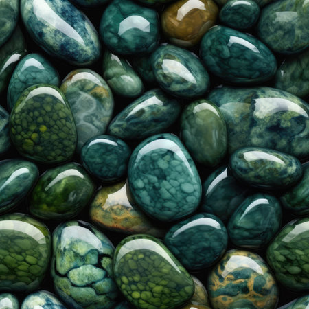 Close-up of a pile of green pebbles as a background. Ai generatedの素材