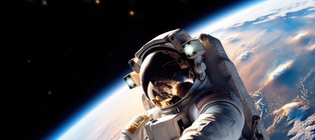 Astronaut spaceman do spacewalk while working for space station in outer space.Ai generatedの素材
