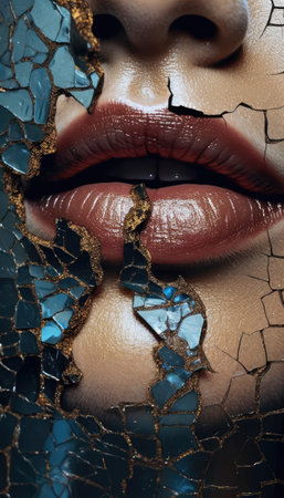 Closeup portrait of a beautiful woman with cracked face and red lips Ai generatedの素材