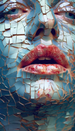 Close up of a face made of broken glass with red lips.Ai generatedの素材