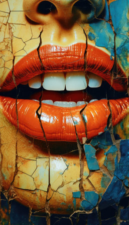 Close up of woman's mouth with red lipstick on cracked background.Ai generatedの素材