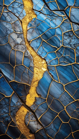 abstract background of cracked blue and golden paint on the glass surface Ai generated Ai generatedの素材