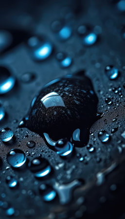 Water drops on a black metal surface. Shallow depth of field. Ai generatedの素材