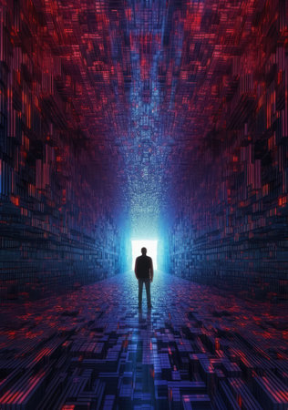 Man in front of a tunnel of binary code. This is a 3d render illustration Ai generatedの素材