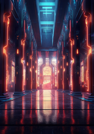 Futuristic corridor with glowing neon lights, 3d rendering. Computer digital drawing. Ai generatedの素材