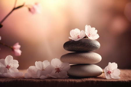 zen stones and cherry blossom on wooden table, soft focus background Ai generatedの素材