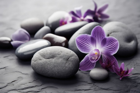 zen basalt stones and orchid flower on the black  background Ai generatedの素材