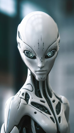 3D rendering of a female robot in a science fiction scene. Ai generatedの素材