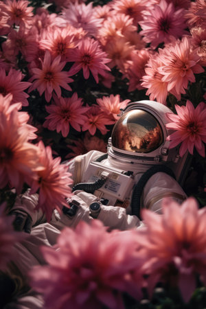 Astronaut in the flower garden with dahlia flowers.Ai generatedの素材