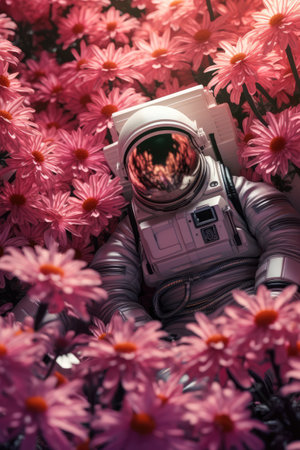 Astronaut in the flower garden. Photo in vintage style.Ai generatedの素材