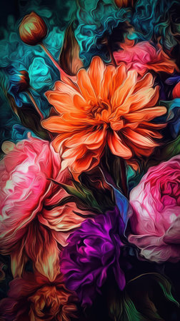 Colorful flowers on a dark background. Hand-drawn illustration.Ai generatedの素材