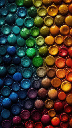 Colorful drops of water on a dark background close-up. Ai generatedの素材