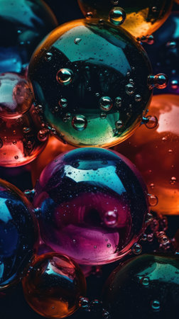 colorful water drops on a dark background close-up macro photography Ai generatedの素材