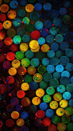 Colorful circles on black background. Abstract grunge background with copy space. Ai generatedの素材