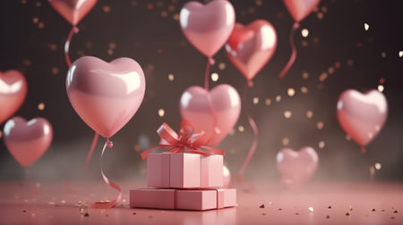 Valentines day background with heart shaped balloons and gift box. 3D rendering Ai generatedの素材