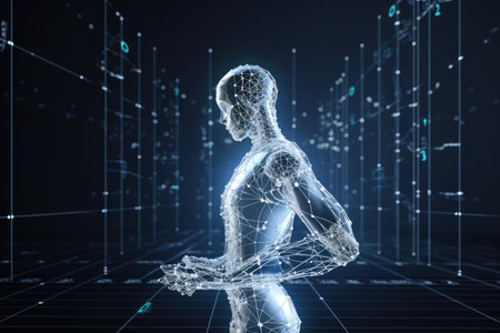 3d rendering of wireframe woman figure on blue background with binary code Ai generatedの素材