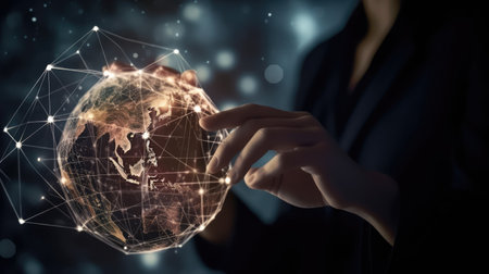 Businesswoman on blurred background using digital globe with connection lines Ai generatedの素材