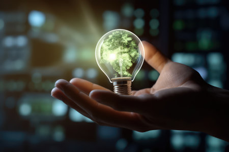 Close up of human hand holding lightbulb with green tree inside Ai generatedの素材