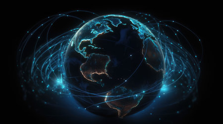 Global network connection over planet Earth, 3D rendering with dark background Ai generatedの素材