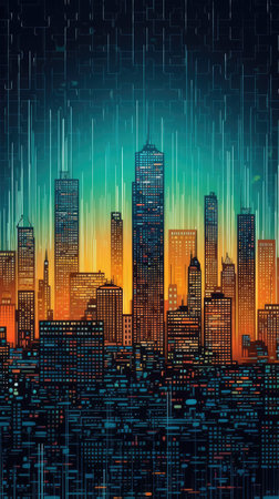 Night cityscape with skyscrapers and neon lights. Ai generatedの素材