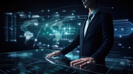 Businessman in suit touching with finger virtual panel with graphs and diagrams Ai generatedの素材