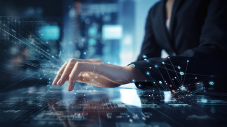 Close up of businesswoman working with virtual panel and graphs at background Ai generatedの素材