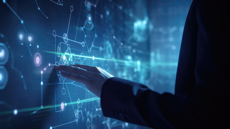 Close up of businesswoman hand touching hologram screen on media screen Ai generatedの素材