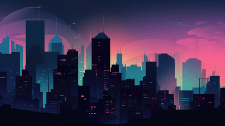 Night city landscape with skyscrapers and neon lights. Ai generatedの素材