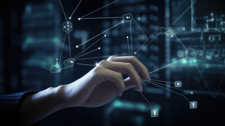 Close up of businessman hand touching icon on media screen with binary code Ai generatedの素材