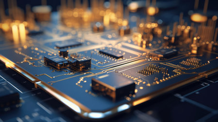 Close-up of electronic circuit board with microchips. Ai generatedの素材