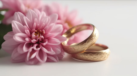wedding rings and pink dahlia on white background. Ai generatedの素材
