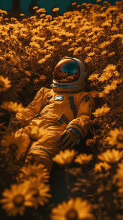 Astronaut in a yellow field of flowers. Selective focus. Ai generatedの素材