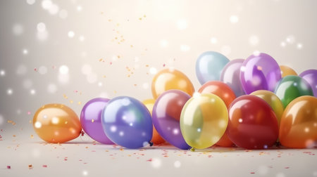 Colorful balloons and confetti on white background. Ai generatedの素材