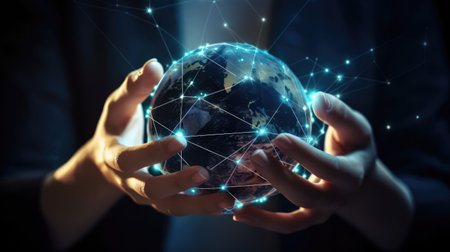 Businesswoman on blurred background holding Earth planet in her hands Ai generatedの素材