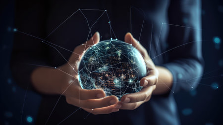 Close up of businesswoman hand holding glowing earth globe. Ai generatedの素材