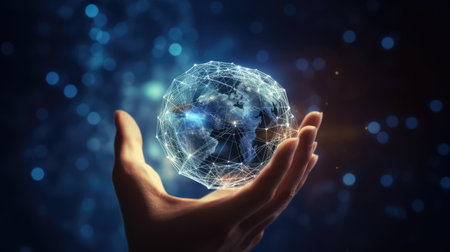 Businessman on blurred background holding Earth planet in his hands Ai generatedの素材