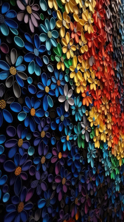 Colorful paper flowers in the shape of a flower on the wall Ai generatedの素材