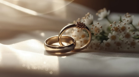 Wedding rings on a white background with a bouquet of flowers Ai generatedの素材