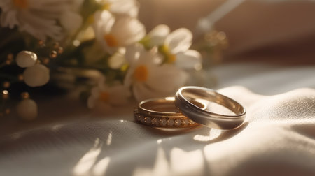 Wedding rings and flowers on a white background. Selective focus.Ai generatedの素材