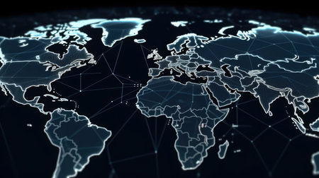 World Map with glowing lines on dark background. Global network connections. Ai generatedの素材