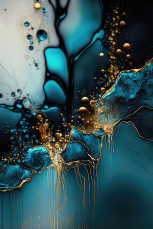 Blue and gold abstract background with oil paint splashes.  Ai generatedの素材
