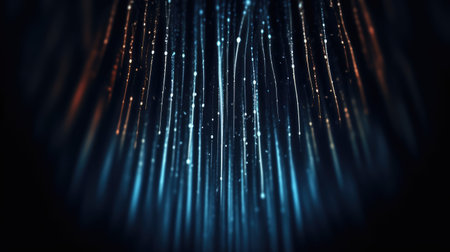 Abstract 3d rendering of glowing particles in empty space. Futuristic background with depth of field and bokeh effect. Ai generatedの素材