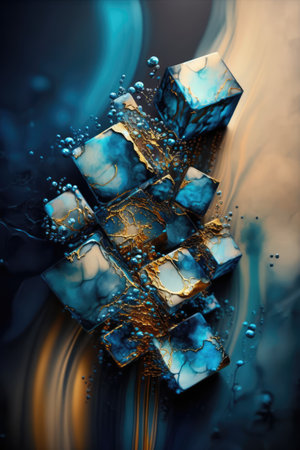 3d illustration of abstract geometric composition with blue cubes and water drops Abstract fluid texture background, ai generatedの素材