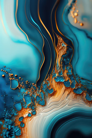 abstract background with blue and orange paint splashes and swirls Abstract fluid texture background, ai generatedの素材