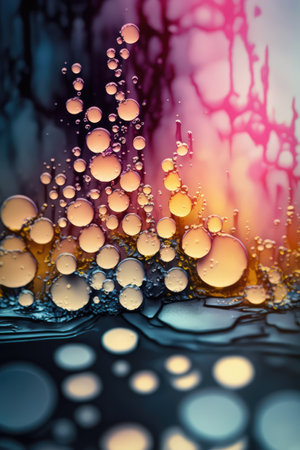 Oil drops on water surface with colorful bokeh lights. Abstract background. Abstract fluid texture background, ai generatedの素材