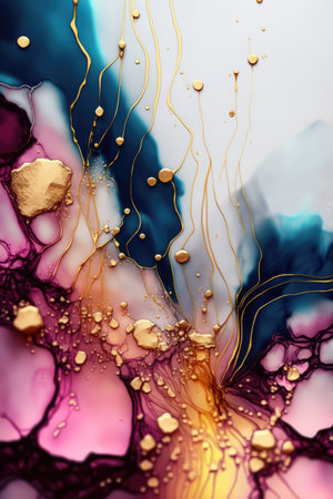 abstract watercolor background with gold and blue paint splashes. Abstract fluid texture backgroundの素材