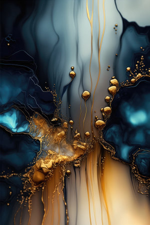 3d render, abstract blue background with gold and black elements, liquid fluid art Abstract fluid texture backgroundの素材
